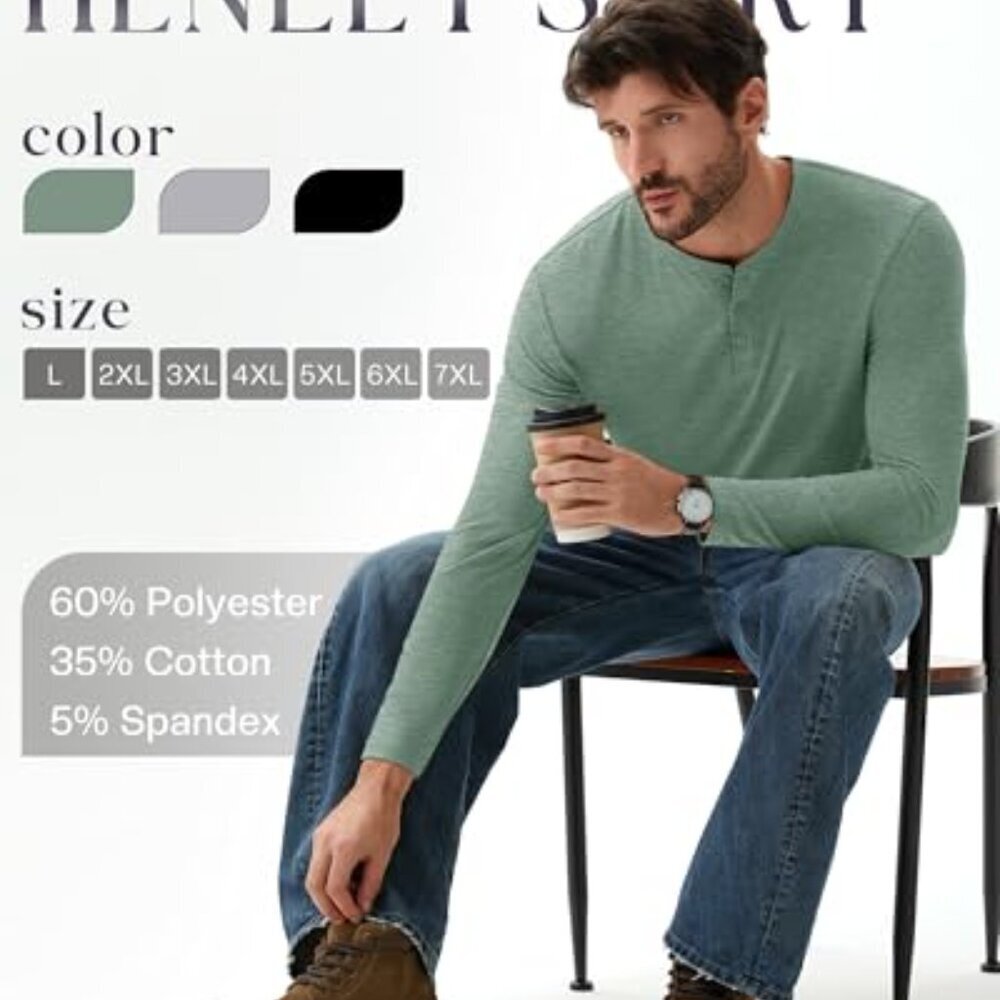 Men's Big Tall Henley T-Shirts Long Sleeve Cotton Blend Loose Fit Casual - Picture 4 of 8